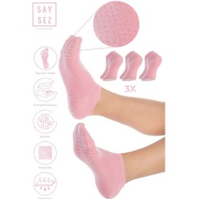 Resim Saysez Bambu Kadın Kaydırmaz Taban Pembe Silikon Baskı Pilates Yoga Fitness Dans Aktivite Patik Çorabı 3'lü Renkli 