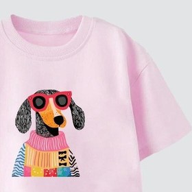 Resim Monila Kız Çocuk Köpek Baskılı Pamuklu Bisiklet Yaka T-shirt Pembe 