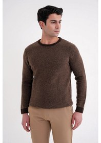 Resim Slim Fit Renkli Ribanalı Kahverengi Vizon Yünlü Bisiklet Yaka Triko Kazak Tr 890 Kahverengi-vizon 