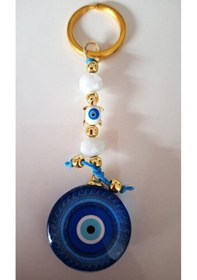 Resim Hediyelik Nazar Boncuklu Bayaz Kristal Boncuklu Mavi Anahtarlık - Çanta Süsü - Çanta Charmı 11,5cm 