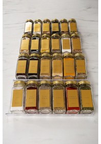 Resim 24'lü Şeffaf Pleksi Standlı Cam Baharatlık Seti Gold Kapaklı Etiketli Baharatlık Mh02gld24 Gold - Şeffaf 