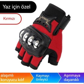 Resim Motosiklet Bisiklet Eldivenleri Yaz Nefes Alabilen Örgü Kaymaz Yarı Parmak Tam Parmak Eldivenleri Sıyah-kırmızı 