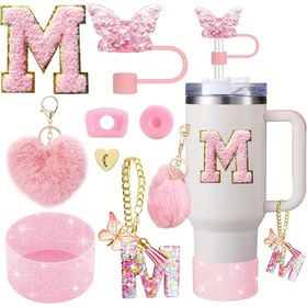 Resim 30oz 40oz Kaplar İçin 8 Adet Bardak Aksesuarı, Kelebek Saman Kapak, Silikon Bot, Alfabe Sapı, Baş Harf Sticker, 2 Adet Dökülme Önleyici Tıpa, Kalp Kanca, Aşk Peluş Topu, En İyi Noel İçin, Şükran Günü İçin Mükemmel 