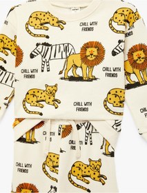 Resim Koton Şardonlu Bisiklet Yaka Uzun Kollu Pamuklu Hayvanlar Baskılı Eşofman Takımı - 2'li Set Ekru 6smb10130tk Ekru 