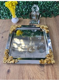 Resim Diperla Büyük Gümüş Sunum Tepsi Kelebek Detaylı 