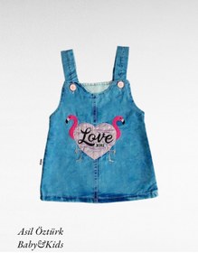 Resim MÜCO KİDS WEAR Kız Bebek Çocuk Love Flamingo Kot Jile Kalp Desen Jean Salopet Denim Elbise 