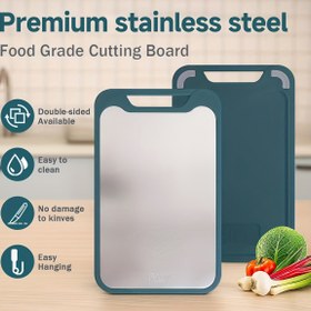 Resim Premium Paslanmaz Çelik Çift Taraflı Kesme Tahtası - Kaymaz Mutfak Doğrama Tahtası, Asma Delikli, Kolay Temizlenir & Dayanıklı, Gıda Sınıfı Çok Amaçlı Et, Sebze, Meyve, Ev Yemekleri için, Şık Tasarım, Yüksek Kaliteli Malzeme, Yemek Hazırlayıcılar 