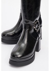 Resim Luvishoes Luvi Shoes Rock Siyah Cilt Tokalı Fermuarlı Kadın Platform Topuklu Çizme Siyah 