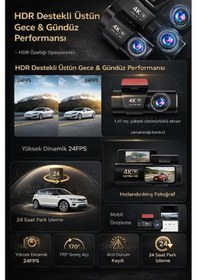 Resim 4k Araç Kamerası Çift Lens Ön-arka - Wi-fi Gps Park Modu Gece Görüşlü Araç İçi Kamera L308 Dash Cam 