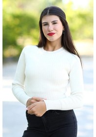 Resim Kadın Bej Fitilli Crop Triko Kazak Kısa Model Akrilik Kumaş Ribanalı - 3122 Bej 