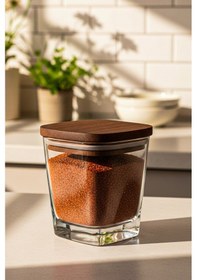 Resim Snippy Prime - 7 Parça Standlı Ahşap Vakumlu Kapaklı Baharatlık Seti Standlı Saklama Kabı 300 Ml Şeffaf 