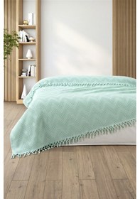 Resim %100 Pamuk Çift Kişilik Bağlama Saçaklı Pike-220x240 Cm-mint Mınt Mint 