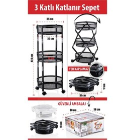 Resim Cornella 3 Katlı Katlanır Metal Siyah Tekerlekli Patates Soğanlık Siyah 