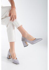 Resim Saten Çapraz Taş Detaylı Gümüş Kadın Kalın Topuk Stiletto-2534-gumus Gumus 
