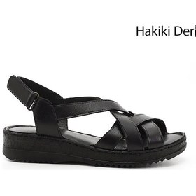 Resim Gönderi(R) Gönderi R Siyah Cırt Bantlı Dolgu Topuk Hakiki Deri Sandalet Siyah 