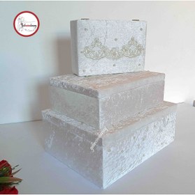 Resim Gelincimherşey Ekru 3’lü Kadife Kaplama Fransız Dantel ve İnci Süslemeli Gelin Sandığı 