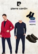 Resim Pierre Cardin %100 Pamuk Bordo Robdöşambr & Uzun Kollu Penye Pijama Takımı & Deri Terlik (2 Adet Çorap) 