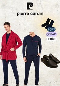 Resim Pierre Cardin %100 Pamuk Bordo Robdöşambr & Uzun Kollu Penye Pijama Takımı & Deri Terlik (2 Adet Çorap) 