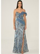 Resim Alfa Beta Tek Düşük Omuz Yandan Yırtmaçlı Payet Uzun Abiye Elbise İndigo -42 Siyah 