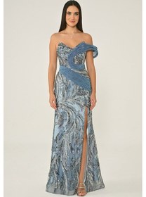 Resim Alfa Beta Tek Düşük Omuz Yandan Yırtmaçlı Payet Uzun Abiye Elbise İndigo -42 Siyah 