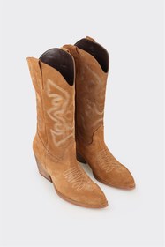 Resim Elle Taba Deri Kadın Western Çizme 