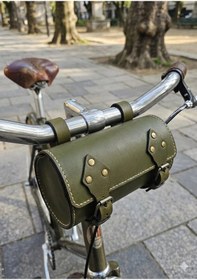 Resim Hakiki Deri Retro Tasarım Bisiklet Gidon Çantası Zeytin Yeşili Yeşil 
