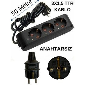 Resim Avarson 3'lü Üçlü Priz Topraklı Kablolu Siyah 3x1,5 Ttr 50 Elli Metre 