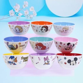 Resim 1 Adet Disney Klasik Karakter Mickey Minnie Donald Duck Daisy Pamuk Prenses Rapunzel Elsa Stitch Yuvarlak İki Renkli Aile Yemeği Noel Doğum Günü Melamin Anti-Darbe Sıcaklık Dirençli İki Renkli Şık Kesim Kase 
