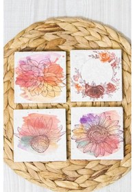 Resim Doğal Taş Bardak Altlığı 4'lü Set 10x10x1 Cm - Çiçek Baskılı Doğaltaş Çok Renkli 