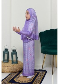 Resim Çocuk Namaz Takımı Pratik İki Parça Desenli Kollu Tak Çıkar Başörtülü Likralı Tesettür Elbise 6-12 Yaş 901-0102 Çok Renkli 