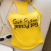 Resim Göğüs Pedli Kadınlar İçin Seksi Kolsuz Kısa Üst - Canlı Sarı ve Cesur Siyah Harf Baskılı, Rahat veya Şık Kıyafetler için Esnek Kumaş, Şık Kıyafet Temeli | Eğlenceli Moda Tişörtü | Konforlu Askılı Giysi 