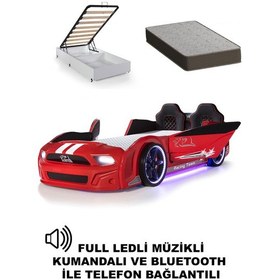 Resim Bazalı Arabalı Yatak Kırmızı Kapıları Açılan Mustang Full Ledli Kumandalı Ve Müzikli+ortopedik Yatak 90x190 Cm 