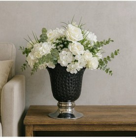 Resim Siyah Dokulu Vazo Beyaz Gül & Ortanca Yapay Aranjman Salon 
