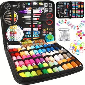 Resim Ev ve Seyahat için Lüks Dikiş Kiti - Renkli İplikler, İğneler, Makaslar ve Daha Fazlası İçeren Taşınabilir Siyah Kumaş Kılıf - Temel Çok Fonksiyonlu El Dikiş Seti, Dikiş Malzemeleri Aksesuarları 
