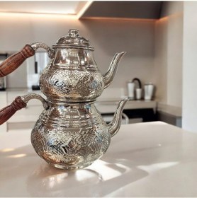 Resim Bakır Çaydanlık & Bakır Demlik Çiçek Desenli Bakır Çaydanlık Büy Gümüş 