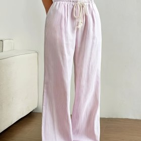 Resim Kadınlar için Pembe Dikey Çizgili Elastik Bel Geniş Kesim Düz Paça Pantolon - Yan Cepli, Hafif Makinede Yıkanabilir İlkbahar/Yaz Günlük & Tatil Pantolonları, Rahat Ayakkabı 