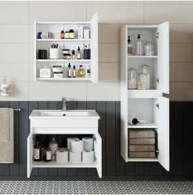 Resim banos Tm3 Ayaksız 2 Kapaklı Lavabolu Beyaz Mdf 65 Cm Banyo Dolabı Aynalı Üst Dolap Boy Dolabı 