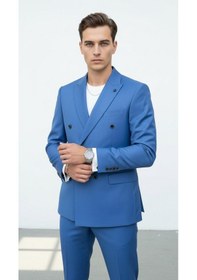 Resim Plus Scorpion Gold Düğmeli Kruvaze Erkek Blazer Ceket Premium Kumaş, Slim Fit Şıklık Bebe Mavisi 