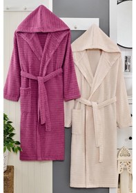 Resim 2li Kapüşonlu Bornoz Doğa Mürdüm - Bej L/xl Mürdüm - Bej 