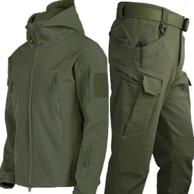 Resim Erkekler için Rahat 2 Parçalı Dış Mekan Termal Kıyafet, Çok Cepli Softshell Ceket & Normal Kesim Kargo Pantolon, Dış Aktivite için Uygun, Mükemmel Kıyafetler 
