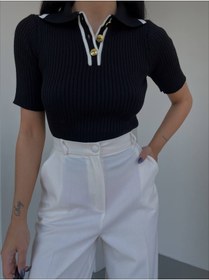 Resim De Pose Kadın Polo Yaka Kısa Kollu Premium Triko T-shirt 