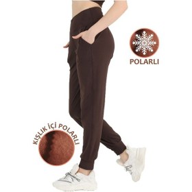 Resim Kadın Koyu Kahve Polarlı Kışlık Eşofman Altı Jogger Yüksek Bel Şardonlu Dalgıç 1062 Koyu Kahve 