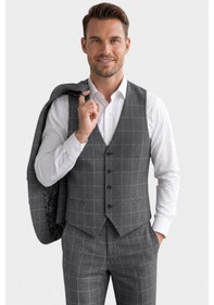 Resim Deepsea Erkek Koyu Gri Slim Fit 3 Lü Takım Elbise Yelekli Ekose Desenli Çift Düğme Takım Elbise 2600501 