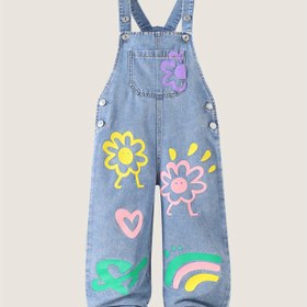 Resim Kızlar için Moda Kot Şerit Askılı Düğme Süslemeli Tek Cep Çiçek Baskılı Bol Ayak Boyu Bağcıklı Pantolon - Yazlık Rahat Sırtı Açık Dış Mekan İçin Mükemmel 