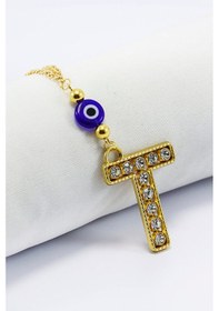 Resim Gold Renkli Parlak Taşlı Yassı Cam Nazar Boncuklu T Harfi Araba D 