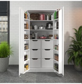 Resim 90 Derece Açılabilir 2 Kapaklı, 6 Çekmeceli, Kavanoz Raflı Kiler Ve Erzak Mutfak Dolabı Beyaz 