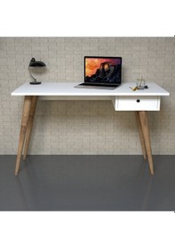 Resim Emkawood Emkawood Tina Masif Ayaklı Çekmeceli Beyaz Çalışma Masası 