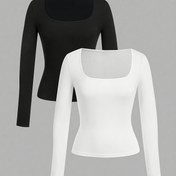 Resim 2 Parça Kare Yaka Uzun Kollu Dar Kesim Tişört Takımı, Kadınlar İçin Şık Bodycon Kıyafet Seti 