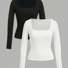 Resim 2 Parça Kare Yaka Uzun Kollu Dar Kesim Tişört Takımı, Kadınlar İçin Şık Bodycon Kıyafet Seti 