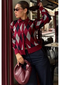 Resim Madmext Bordo Baklava Desenli Polo Yaka Kadın Hırka Mg2478 Bordo 